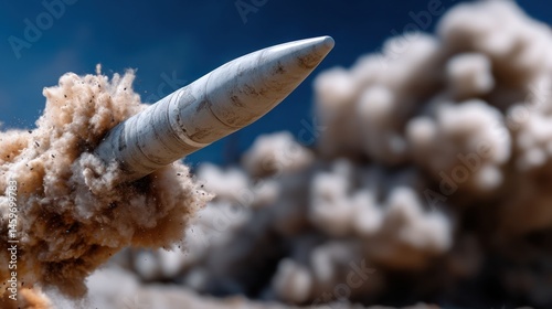 Missile launching in the air with a large explosion in the background.  The missile's nose cone is prominent, surrounded by a cloud of smoke and debris