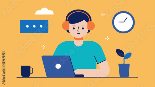 Person with Headphones in Home Office A person wearing headphones and a casual tshirt immersed in their laptop in a cozy home office. The screen shows a Flash Sale graphic with