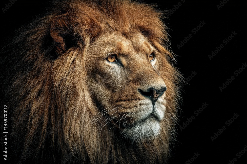 Fototapeta premium Majestic male lion, golden mane, intense gaze.