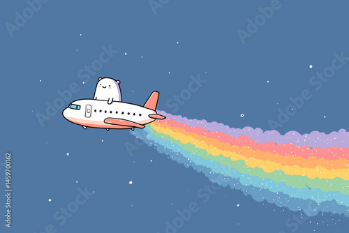 Adorable cat flying a jet with rainbow trail in the night sky, stars twinkling in background