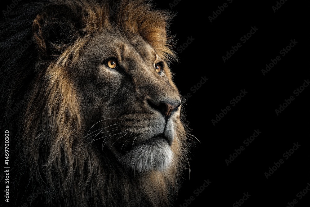 Fototapeta premium Majestic lion portrait against a black background. Powerful, regal, and intense.