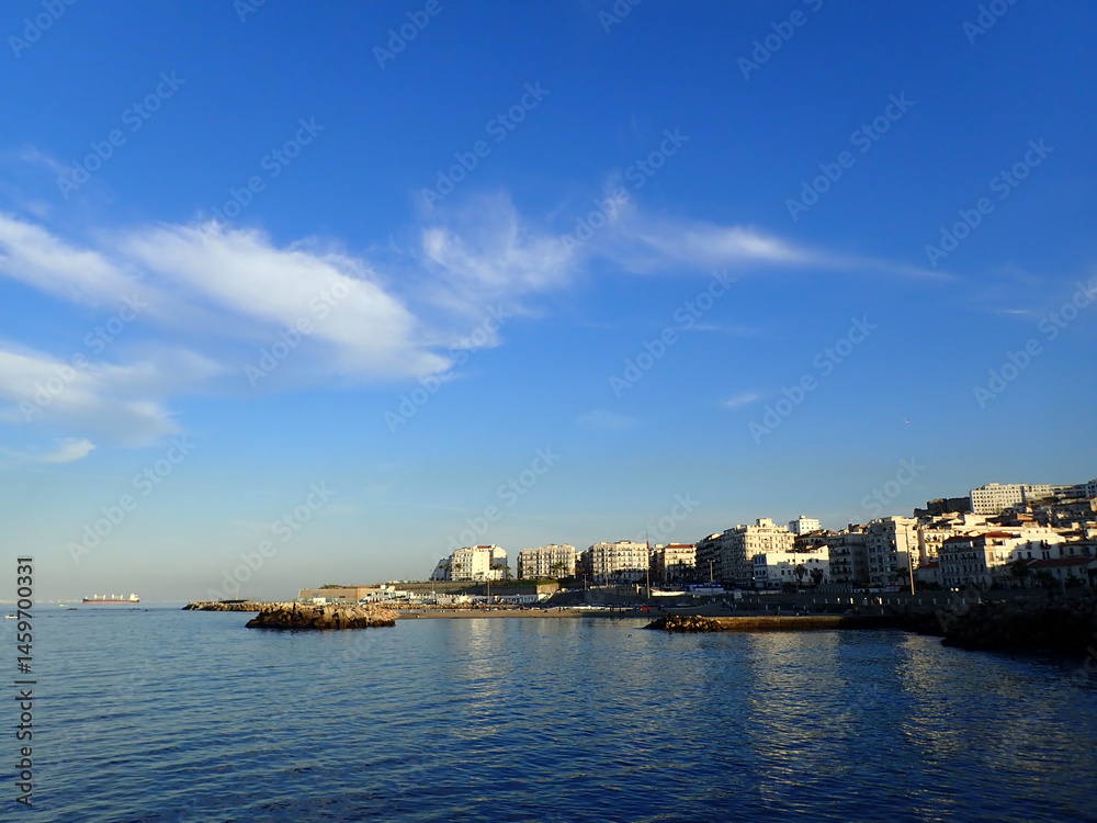 Fototapeta premium Alger the capital city of Algeria, North Africa, city centre of Algiers, the capital of Algeria, Landscape of Algiers city With port and mediterranean sea and white buildings, Arab Maghreb Africa.