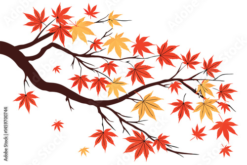 88 Autumn maple branch, vibrant red and orange leaves, delicate botanical illustration, watercolor painting style, minimalist composition, white background, Japanese art influence, seasonal beauty, na