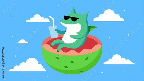 Relaxed Shark A e shark is depicted on a large green watermelonshaped float. With a laidback expression its wearing aviator sunglasses and has a drink with a straw resting on its