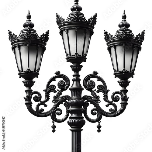 Black street lamp post isolated on white background