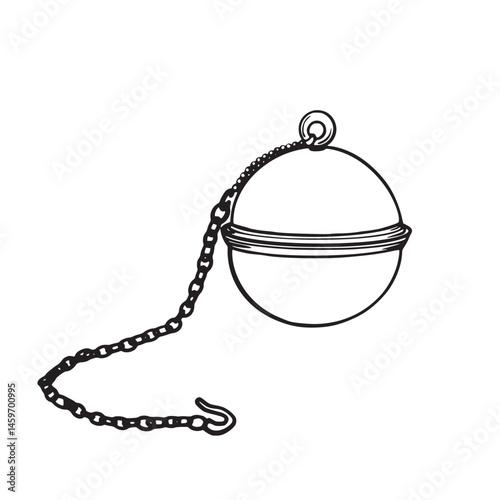 Tea infuser ball with chain and hook, hand drawn black outline vector illustration on white background. Perfect for tea packaging, recipe books, menus, kitchen decor and eco drink branding.