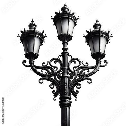 Black street lamp post isolated on white background