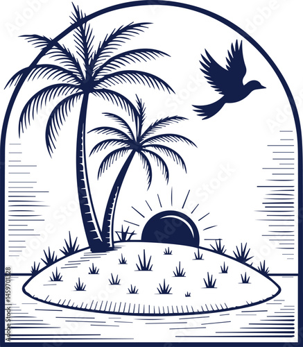 Hand-Drawn Tropical Island Scene – Black & White Palm Tree and Beach Line Art Illustration