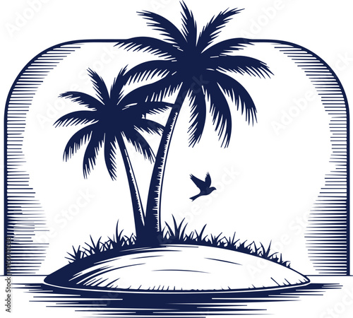 Hand-Drawn Tropical Island Scene – Black & White Palm Tree and Beach Line Art Illustration
