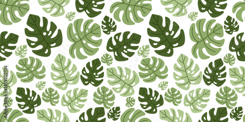 Seamless vector pattern of green monstera leaves on a white background, perfect for tropical-themed designs, fabric prints, summer wallpapers, and botanical branding.
