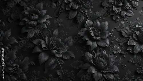 Luxurious black floral wallpaper  Classy, chic design with intricate detailing , black, black and white, texture