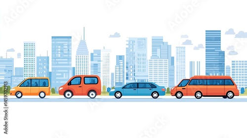 Colorful Vehicles on City Street with Modern Skyscrapers in Background