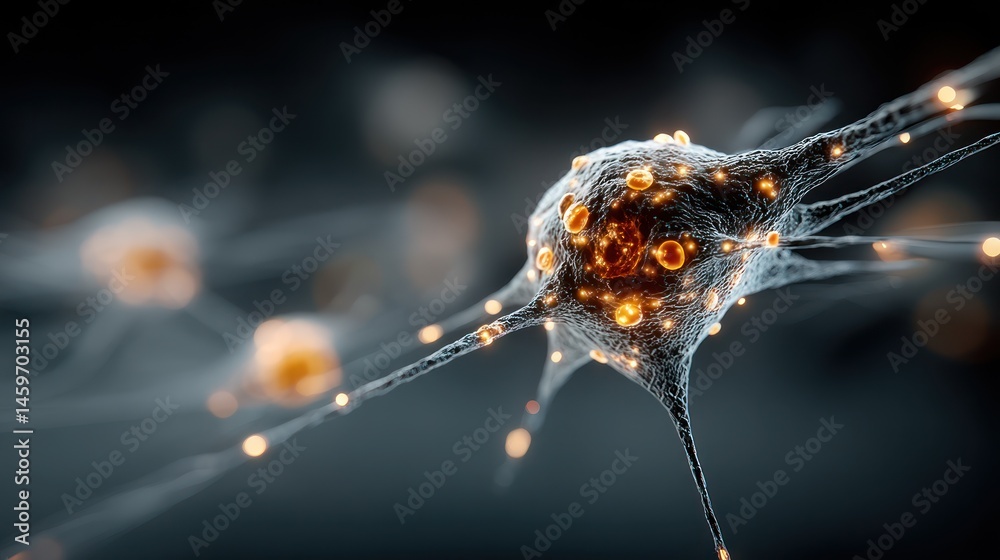 Neuron network, intricate details, glowing connections. Focus on a single neuron with branching extensions, surrounded by other neurons. Cellular structures are highlighted with warm light Neuron network, intricate details, glowing connections. Focus on a single neuron with branching extensions, surrounded by other neurons. Cellular structures are highlighted with warm light