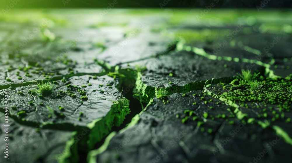 Cracked Black Surface with Green Moss and Lush Vegetation Growth