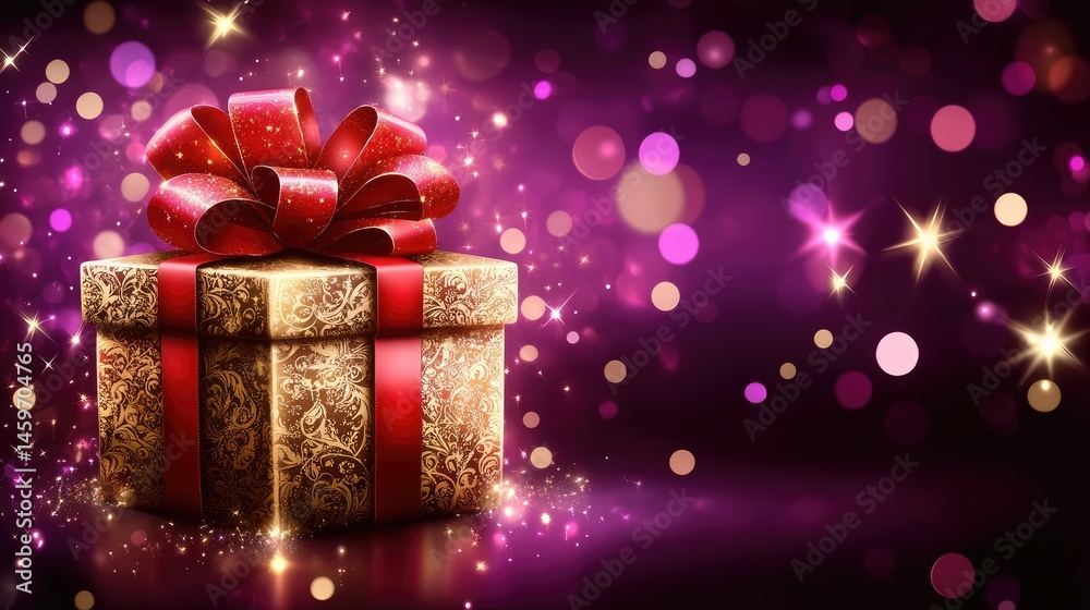 Festive gift box with a red ribbon. A golden gift box is beautifully decorated with a crimson ribbon bow. A sparkling, out-of-focus purple background enhances the festive mood