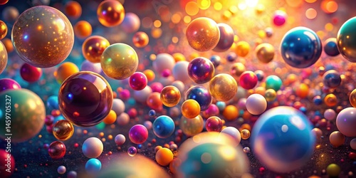 A vibrant explosion of iridescent spheres, floating in a cosmic dance of light and color, creating a mesmerizing and joyful visual spectacle