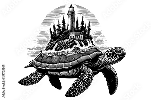 Turtle carrying an island with a lighthouse and trees on its shell  