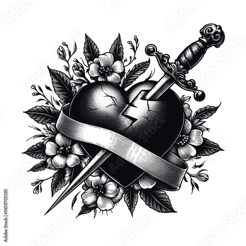 Broken heart with dagger and flowers in classic tattoo style  