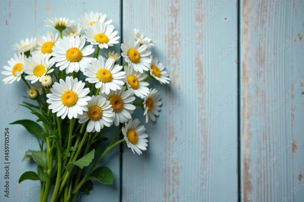 Obraz premium A charming bouquet of fresh daisies rests against a rustic light blue wooden background, creating a serene and peaceful floral arrangement.