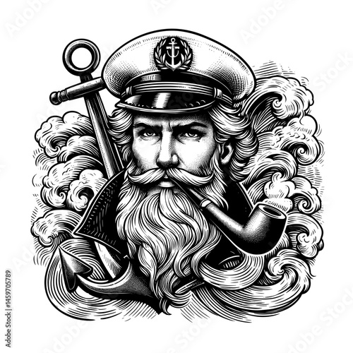 Vintage sailor portrait with waves and nautical elements  