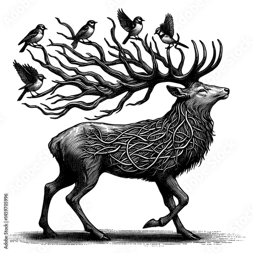Majestic deer with tree-like antlers walking among flying birds  