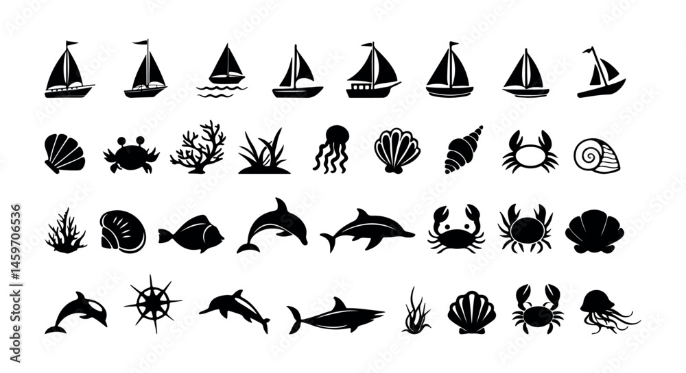 Naklejka premium Sea life and nautical icon set with marine animals, plants, and sailboats