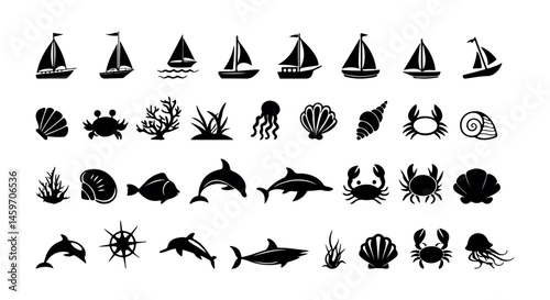 Sea life and nautical icon set with marine animals, plants, and sailboats