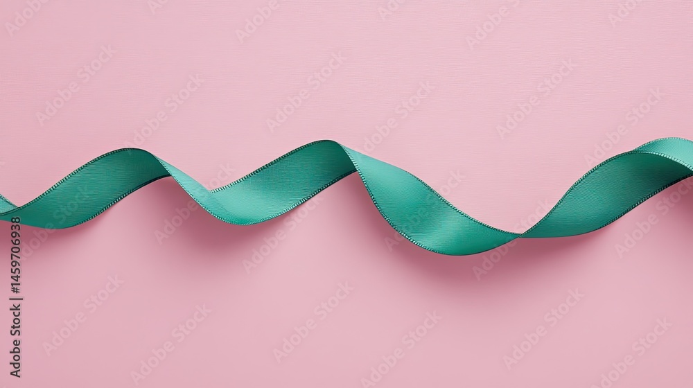 Teal ribbon gracefully curving on a pink background