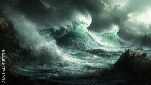 Powerful Green Waves Crashing on Rocky Coast