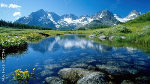 A vibrant image showcases a river surrounded by snow-capped mountains under a bright blue sky, representing the beauty and majesty of nature in all its glory.