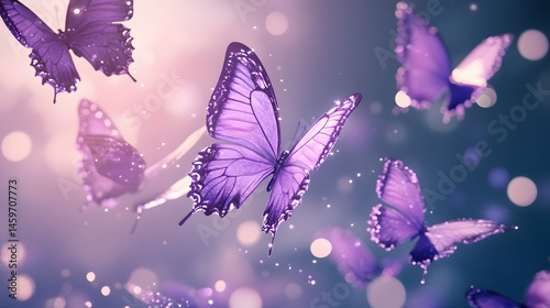 Floating purple butterflies in a dreamy soft light.