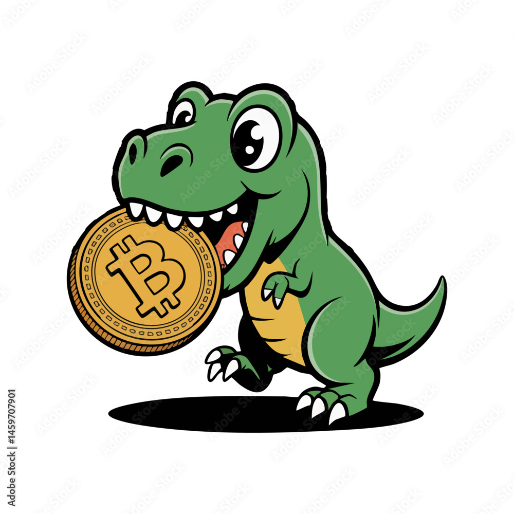 Obraz premium Green dinosaur holding a bitcoin, perfect for finance, cryptocurrency, and marketing concepts targeting younger audiences in a playful way.