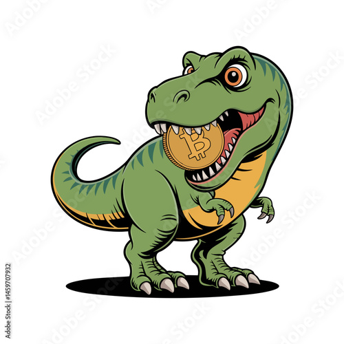 Green dinosaur holding a bitcoin, perfect for finance, cryptocurrency, and marketing concepts targeting younger audiences in a playful way.