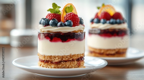 A beautifully plated cheesecake adorned with fresh berries and a decorative orange slice, offering a tantalizing visual treat that invites indulgence and delight.