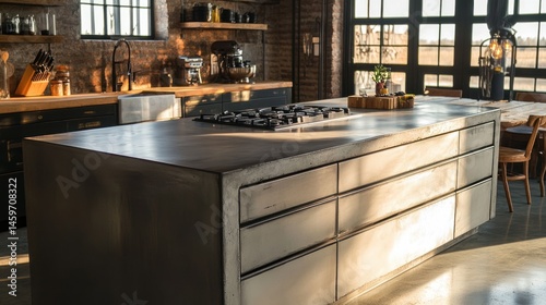 Industrial kitchen island, concrete counters, natural light