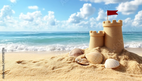 Seascape with sandcastle and shells