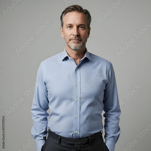 Close-up professional headshot of a focused mature male professional wearing a light-colored collared shirt. His direct gaze suggests competence and determination. Suitable for various business