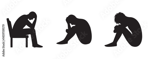 Symbolic illustration of burnout or mental exhaustion with figures sitting in emotional fatigue and psychological stress postures