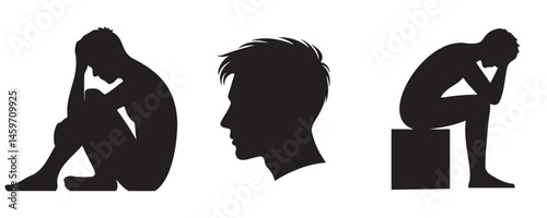 Symbolic illustration of burnout or mental exhaustion with figures sitting in emotional fatigue and psychological stress postures