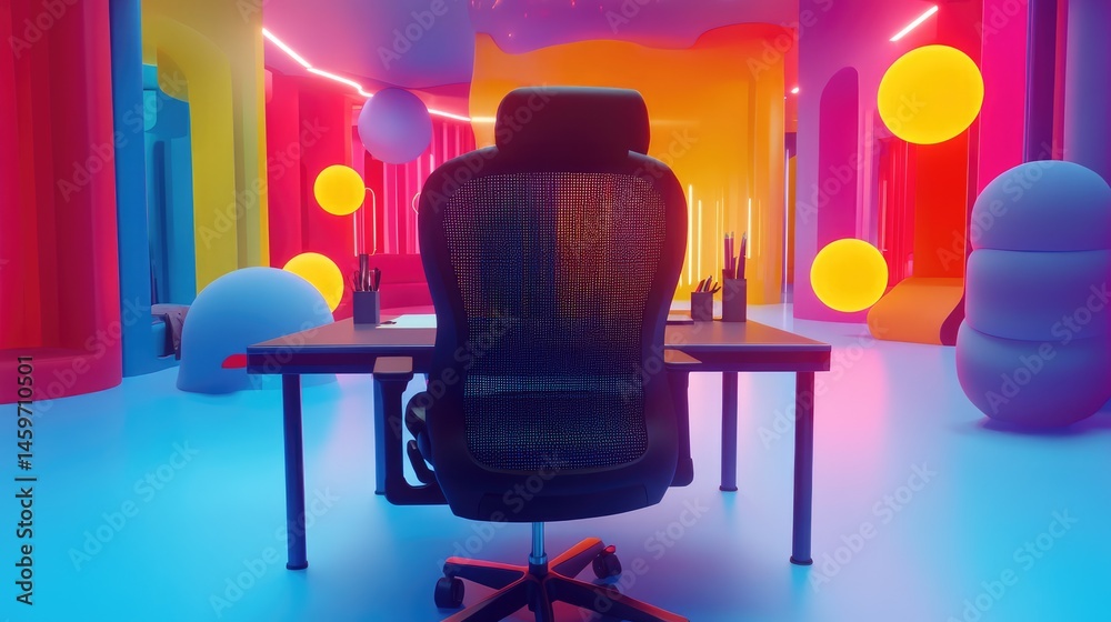 Vibrant modern office chair in a colorful, futuristic workspace