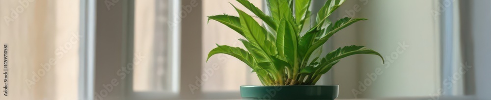 Obraz premium A vibrant green plant thrives in a simple green pot on a sun-drenched windowsill , healthy, minimal, domestic