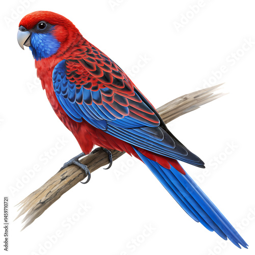 Crimson Rosella Perched: A vivid depiction of a Crimson Rosella parrot perches gracefully on a branch, showcasing its brilliant red and blue plumage against a clean background.