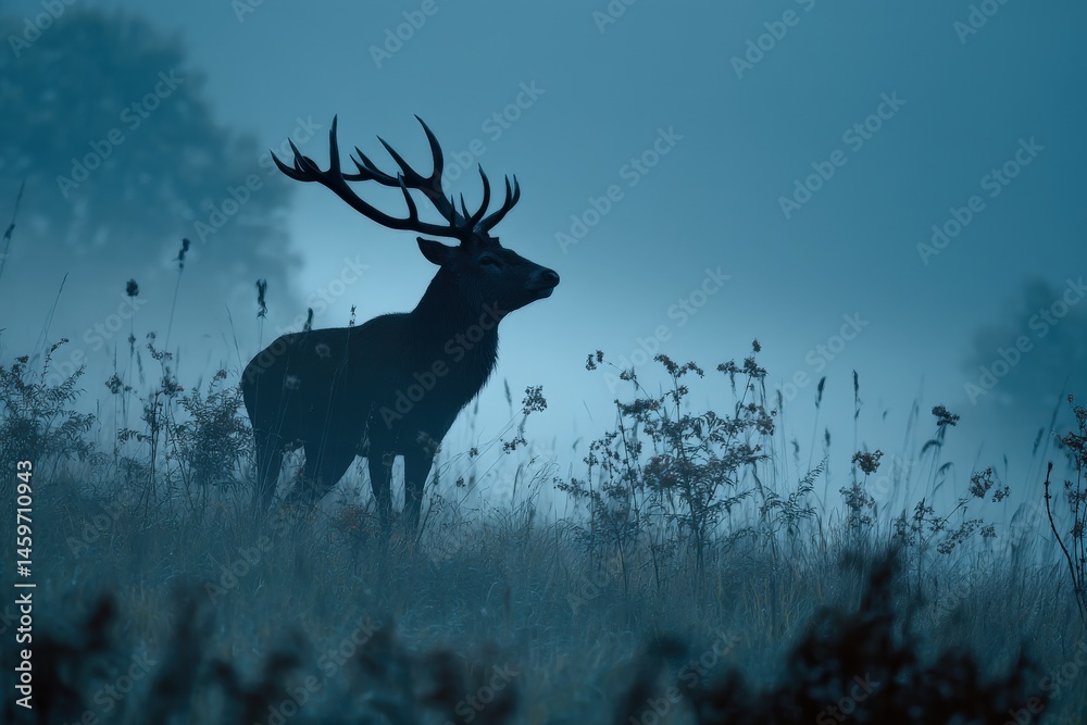 Obraz premium Majestic stag silhouetted against a misty dawn. Serene, ethereal beauty.