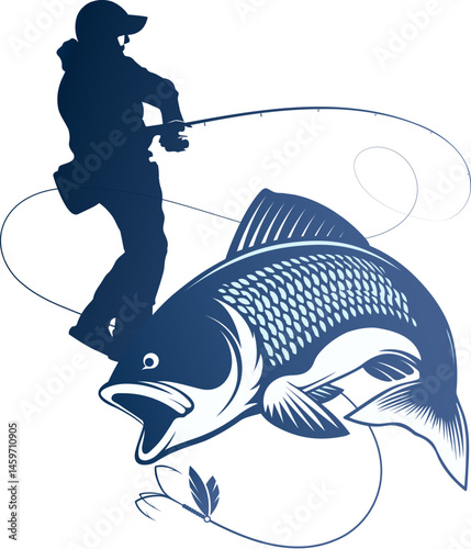 Fisherman with a fishing rod and catch of fish design