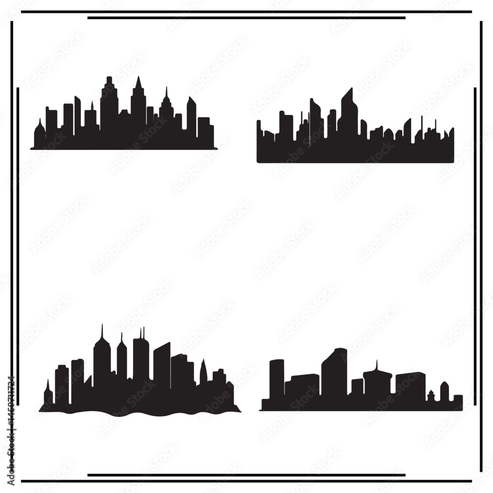 Fototapeta premium City skyline silhouette set – modern urban skyline vector icons, architectural building outlines for travel illustrations, real estate branding, website headers, cityscape design,