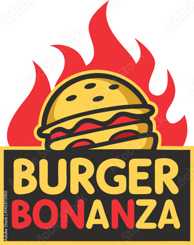 Burger Bonanza Logo Design Flaming Hamburger