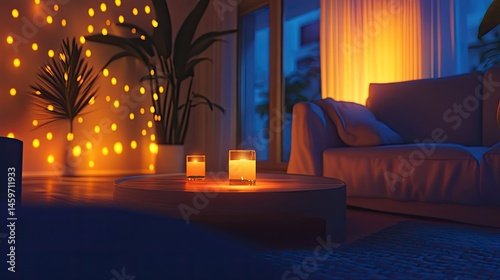Cozy modern living room at night
