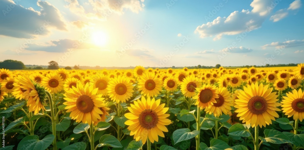 Obraz premium Vast field of blooming sunflowers, bright yellow under summer sun, beauty, stem