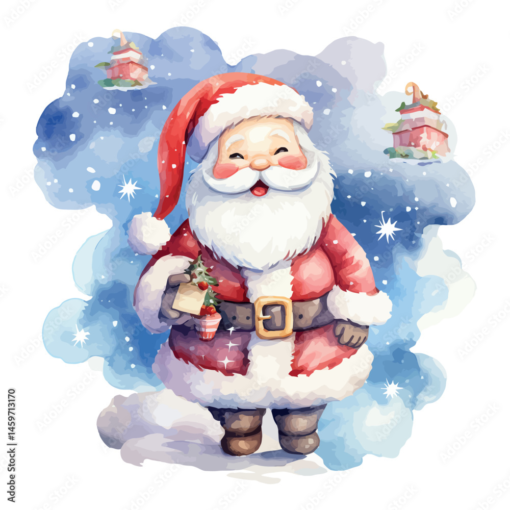 Obraz premium Santa Claus with a gift and Christmas tree brings holiday cheer in a snowy winter wonderland