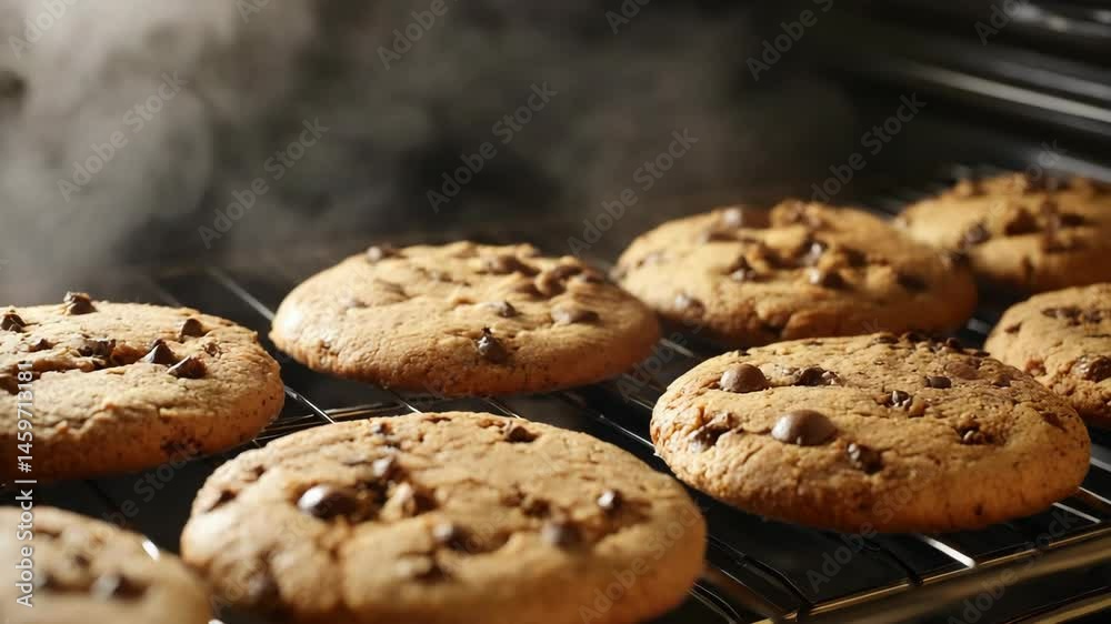 Freshly baked chocolate chip cookies on a cooling rack emitting flavorful steam in a home kitchen setting. Close up perspective of the delicious snack. Freshly baked chocolate chip cookies on a cooling rack emitting flavorful steam in a home kitchen setting. Close up perspective of the delicious snack.
